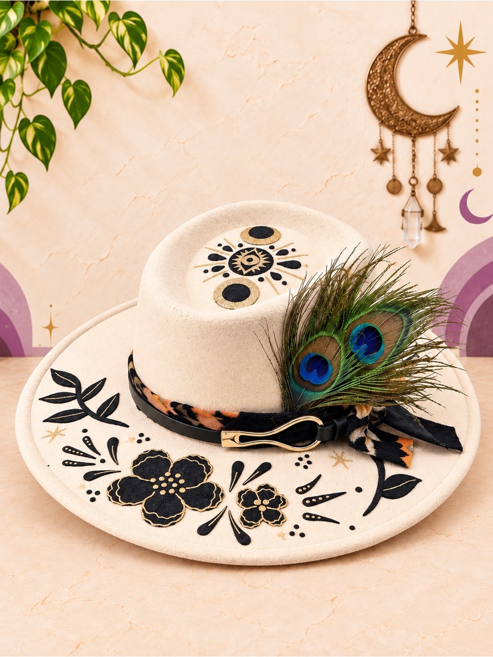 One-of-a-Kind Hand-Painted Celestial Boho Felt Hat – Peacock Feathers